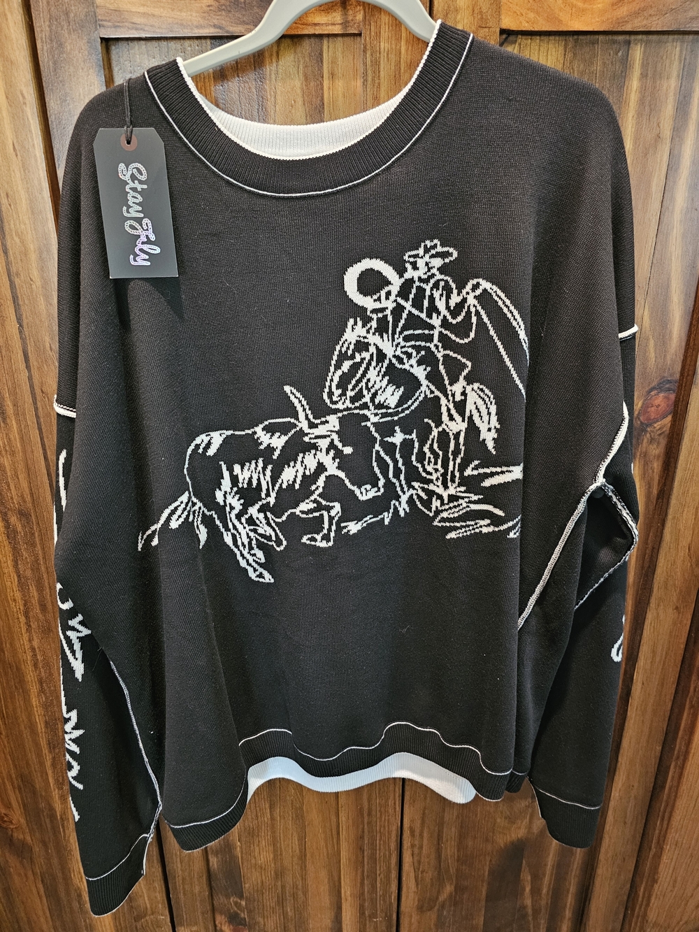 Womens Black Crewneck Sweater with Western Rodeo Graphic